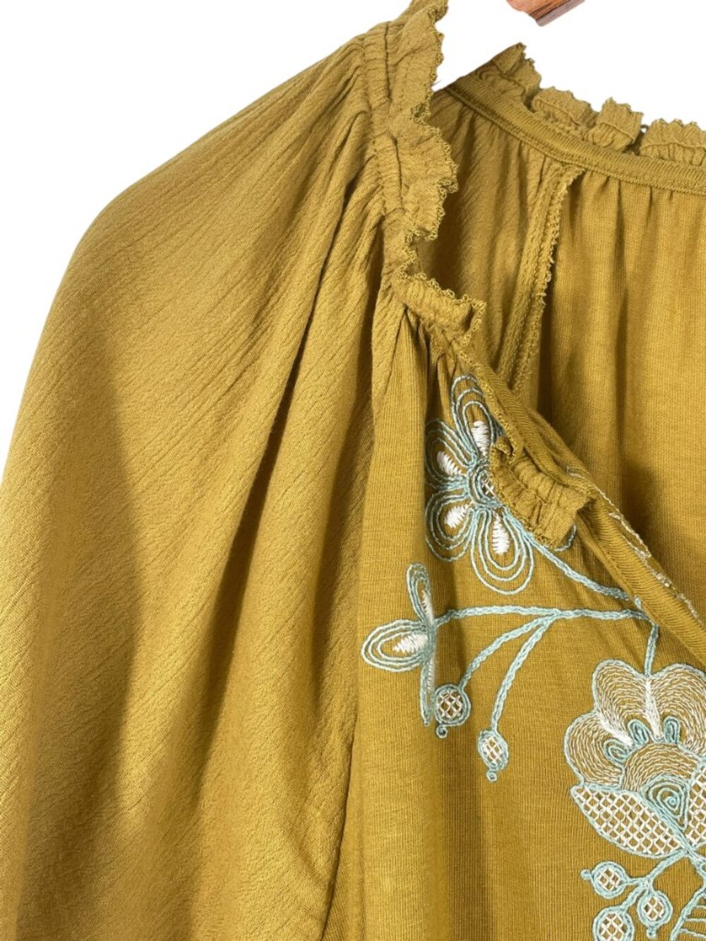 J.Jill XL Petite Embroidered Flutter Sleeve Cotton Modal Boho Top Mustard - Picture 6 of 13